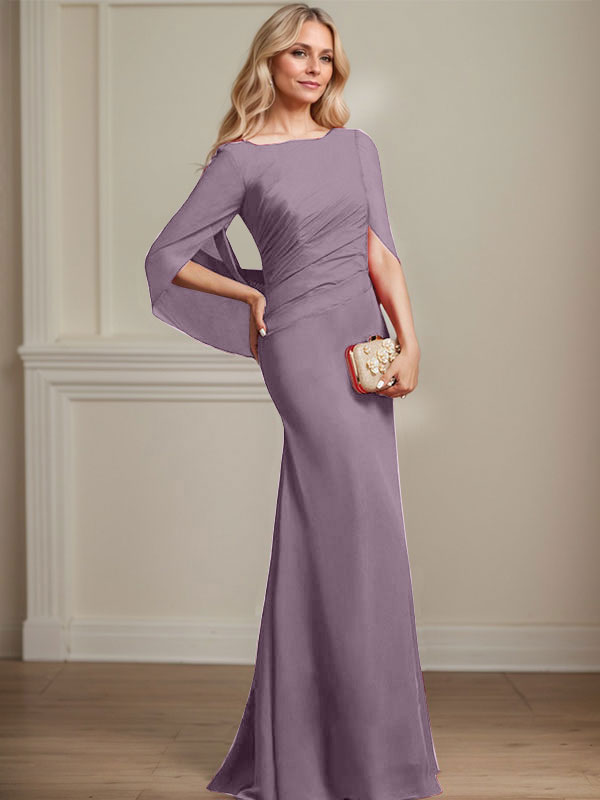 Trompeten-/Meerjungfrauen-Chiffonkleid mit Bootsausschnitt, bodenlang, plissiert, Brautmutterkleid