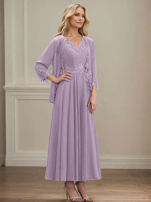 A-Linien Kleid mit V-Ausschnitt, knöchellang, aus Chiffon, Mutter der Braut Kleid mit Pailletten, Applikationen, Spitze und Perlenbesatz