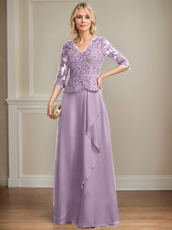 Robe mère de la mariée en dentelle et chiffon, coupe évasée, encolure en V, longue au sol avec volants en cascade et sequins