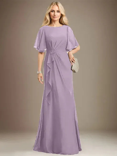 A-Linien Rundhals bodenlanges Chiffon Mutter der Braut Kleid mit kaskadierenden Rüschen Perlen Pailletten