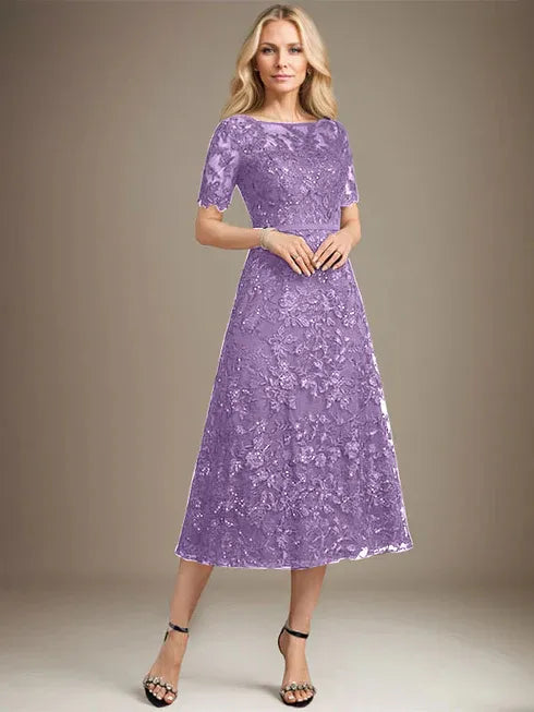 A-Linien Rundhals Illusions-Tea-Length Spitzenkleid der Brautmutter mit Pailletten