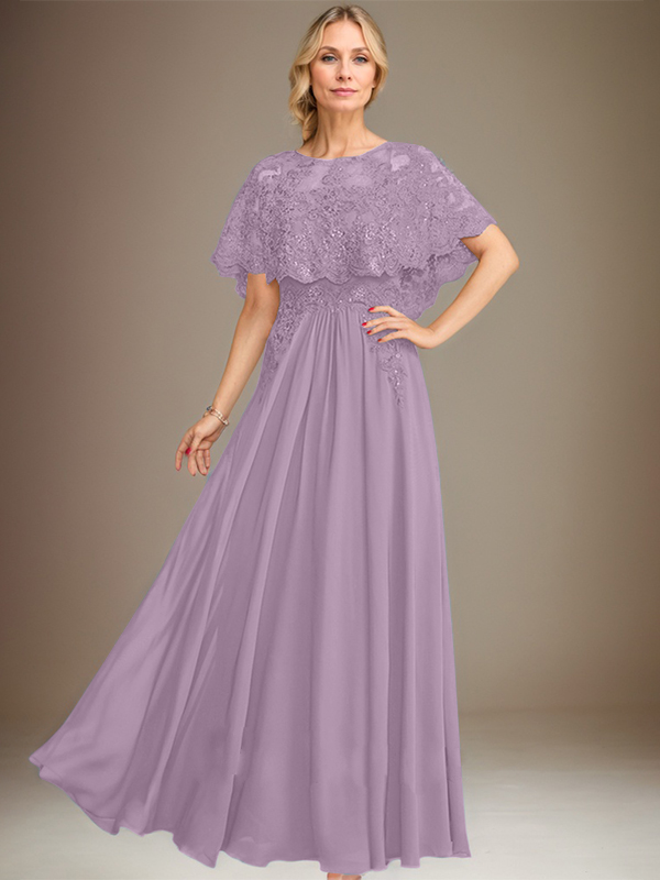A-Linien Spitzen-Chiffon-Mutter-der-Braut-Kleid mit Bootsausschnitt, bodenlang und Applikations-Pailletten