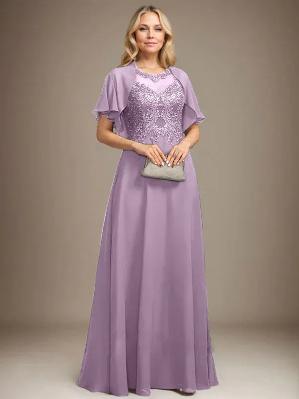 Vestido de madre de la novia de encaje y gasa con ilusión, escote redondo en línea A, largo hasta el suelo con lentejuelas