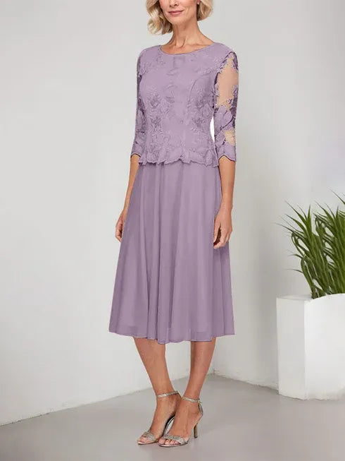 A-Linie Rundhals Tee-Länge Spitze Chiffon Mutter-der-Braut-Kleid mit Stickerei