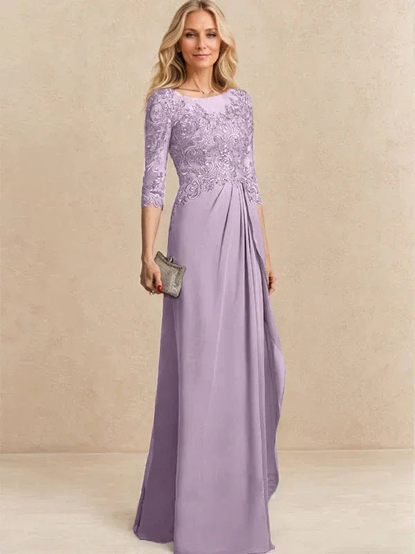 Vestido para la madre de la novia línea A con escote redondo ilusión, largo hasta el suelo, de gasa y encaje con cuentas, lentejuelas y volantes en cascada
