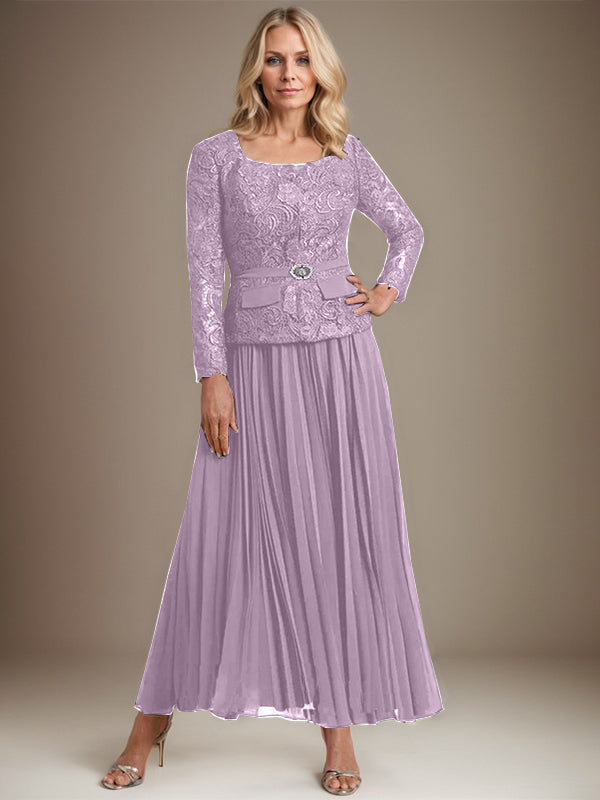 A-Linien-Kleid mit quadratischem Ausschnitt, knöchellang, Chiffon, Mutter der Braut, mit Falten