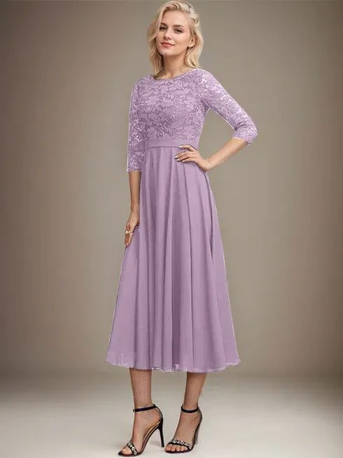A-Linien Spitzen-Chiffon-Brautmutterkleid mit V-Ausschnitt, tea-length, mit Pailletten