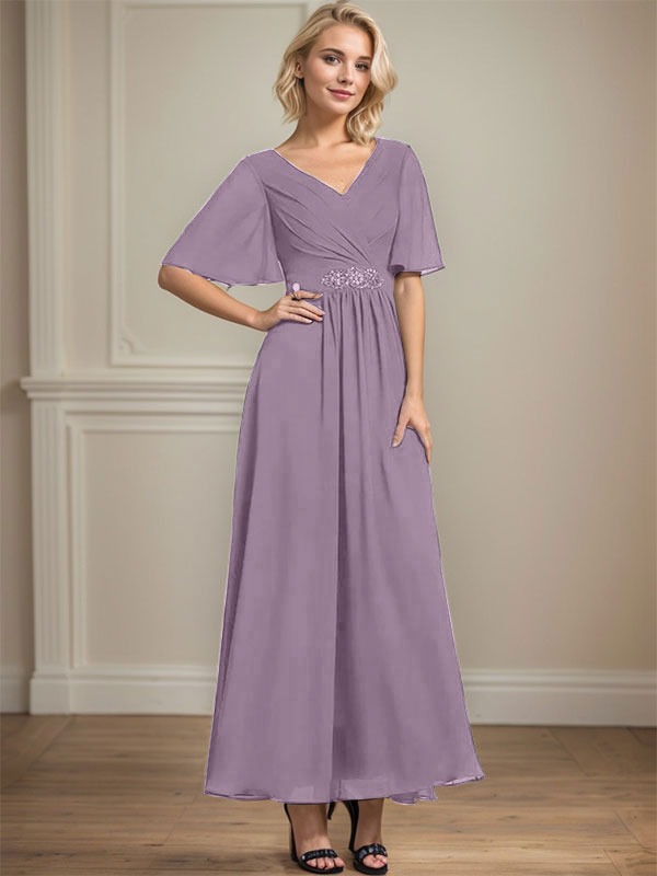 A-Linien V-Ausschnitt Knöchellanges Chiffon Kleid für die Brautmutter mit plissierten Perlen und Pailletten