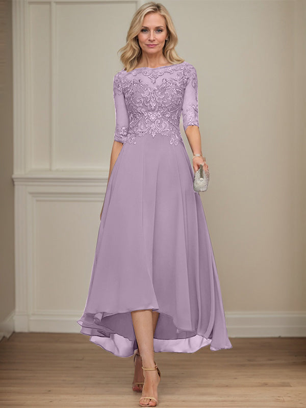 A-Linien Bootsausschnitt Illusionskleid mit asymmetrischem Chiffon-Spitzenstoff, Mutter-der-Braut-Kleid mit Paillettenperlen