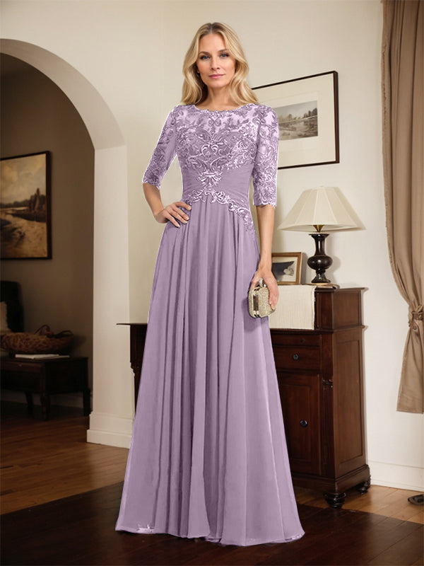 A-Linien Ausschnitt Illusions-Bodenlanges Chiffon-Spitzenkleid für die Mutter der Braut mit plissierten Pailletten