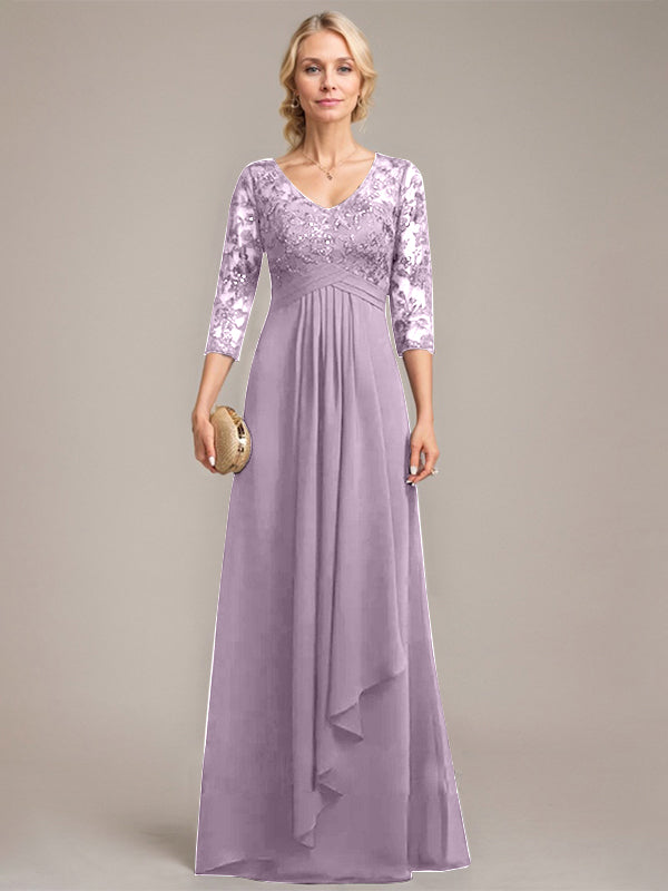 A-Linien V-Ausschnitt bodenlanges Spitzen-Chiffonkleid für die Mutter der Braut mit kaskadierenden Rüschen und Pailletten