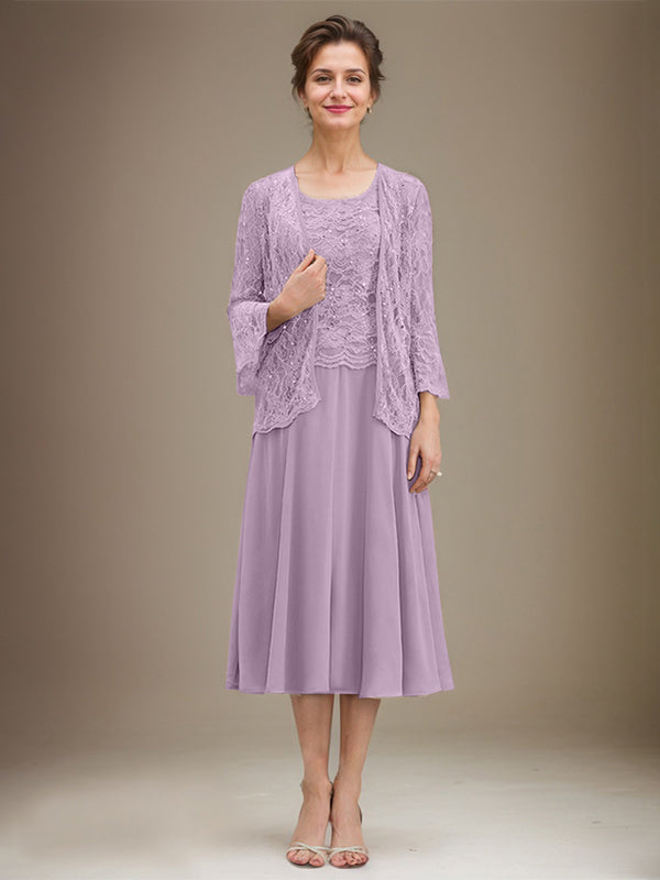 A-Linien Spitzen-Chiffon-Brautmutterkleid mit V-Ausschnitt, tea-length, mit Pailletten