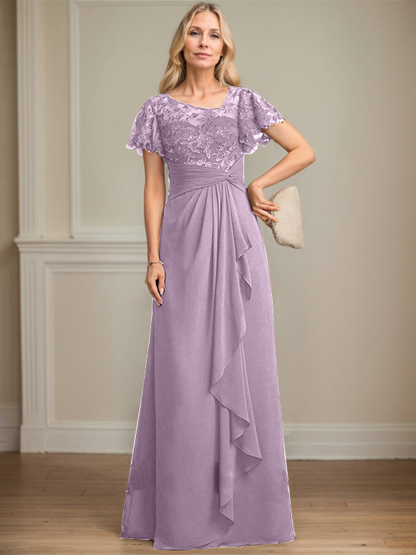A-Linie asymmetrisches Illusions bodenlanges Spitzen-Chiffon Brautmutterkleid mit kaskadierenden Volants und Pailletten