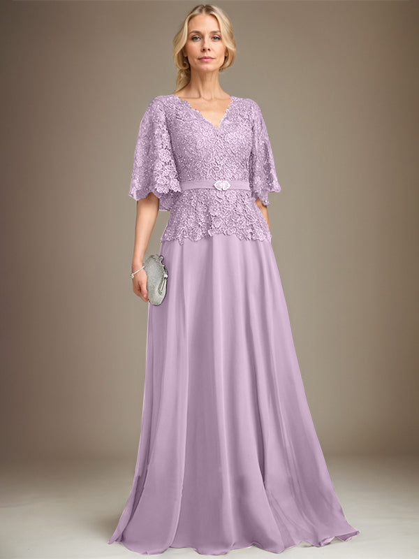 A-Linien V-Ausschnitt Bodenlanges Chiffon-Spitzen Mutter-der-Braut-Kleid mit Kristallbrosche und Strass