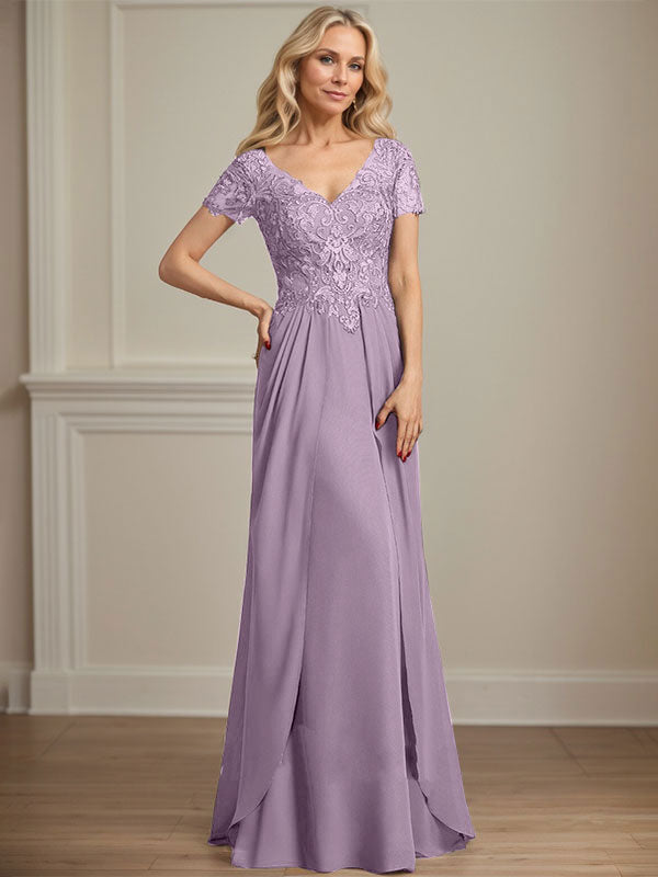 A-Linien Chiffon-Spitzen-Mutter-der-Braut-Kleid mit V-Ausschnitt, bodenlang