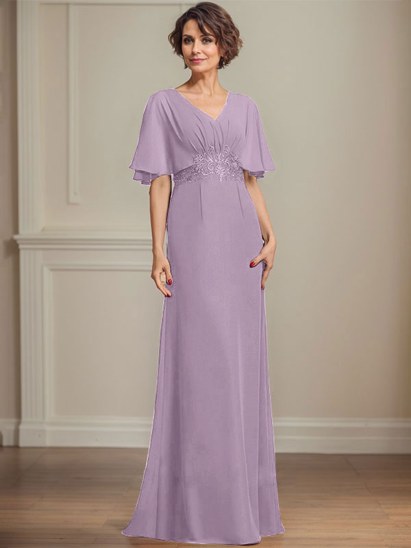 A-Linien Chiffon Mutter-der-Braut-Kleid mit V-Ausschnitt, bodenlang, mit plissierten Pailletten-Applikationen und Spitze