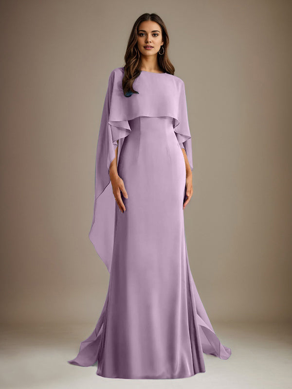 Etuikleid/Säulenkleid Bootsausschnitt bodenlanges Chiffon Mutter-des-Braut-Kleid mit kaskadierenden Rüschen