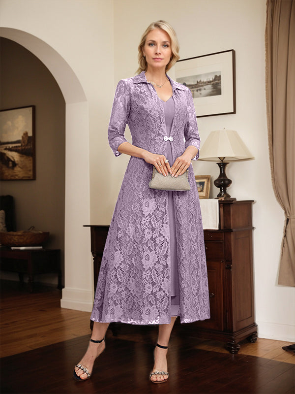 Robe mère de la mariée en mousseline longueur thé à encolure en V et coupe trapèze