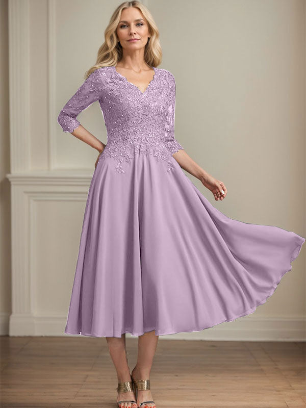 Robe de mère de la mariée en mousseline longueur thé, ligne A, col en V, en dentelle avec perles et sequins