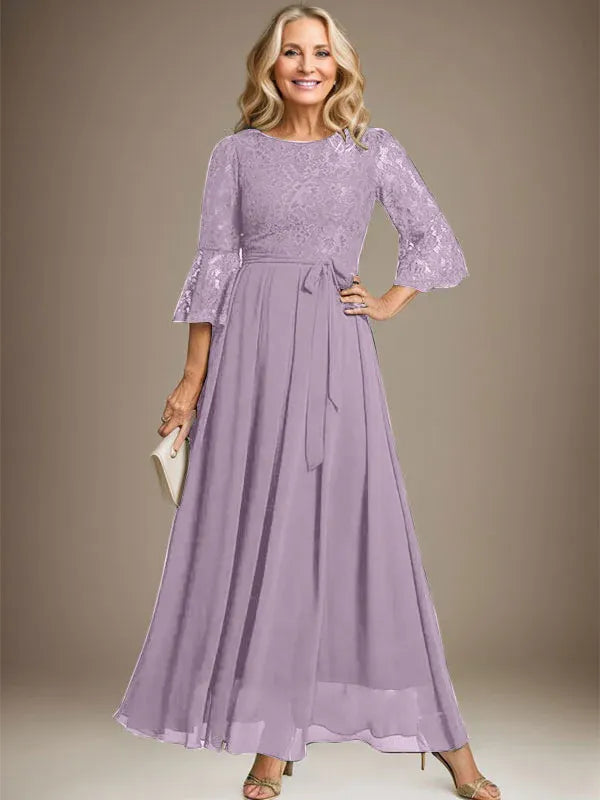 A-line Scoop Ankle-Length Lace Chiffon Mother of the Bride Dress With Bow