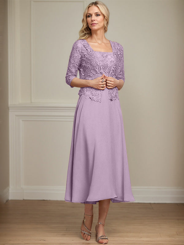Robe de mère de la mariée en mousseline et dentelle ligne A longueur thé avec perles et sequins