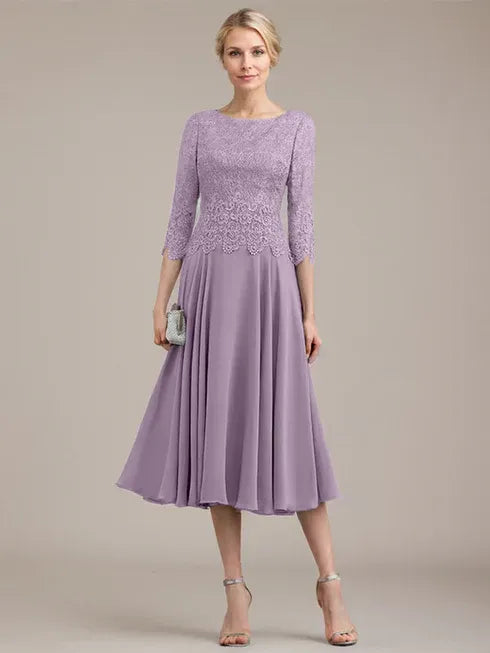 A-Linien Kleid mit Rundhalsausschnitt, tea-länge, Spitze und Chiffon, Mutter der Braut Kleid