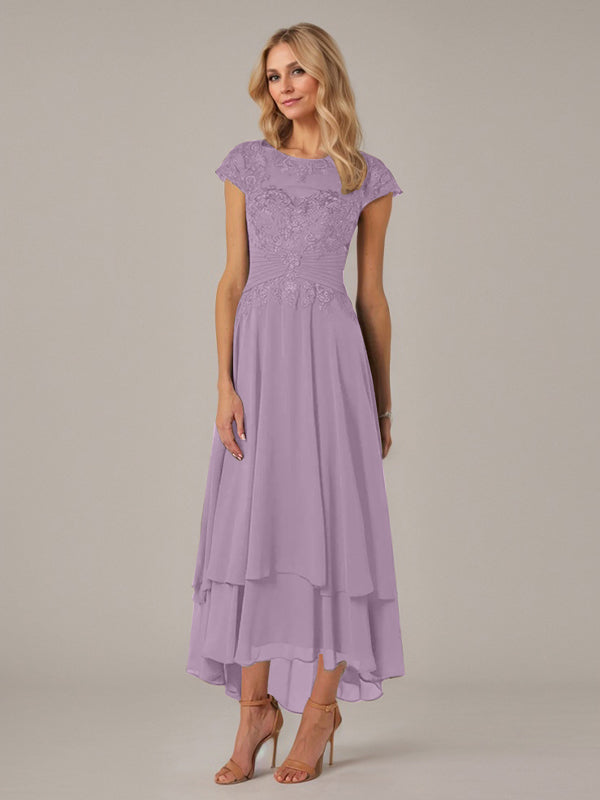 A-Linien Boot-Ausschnitt Illusions asymmetrisches Chiffon-Spitzen Mutterkleid der Braut mit Applikationsfalten