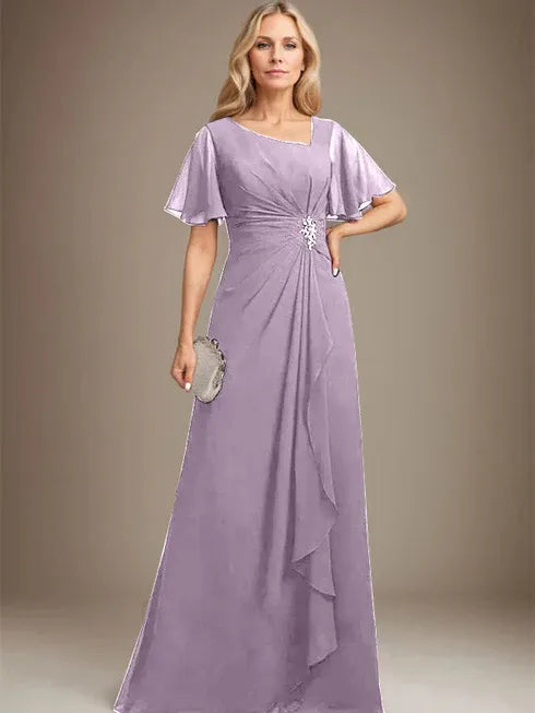 A-Linien asymmetrisches bodenlanges Chiffon Mutter-der-Braut-Kleid mit plissierten Perlen und Pailletten
