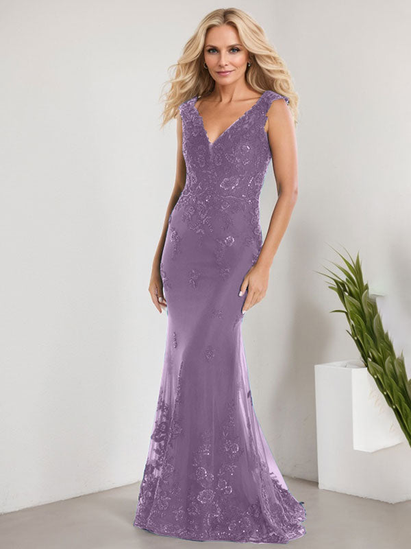 A-Linien V-Ausschnitt bodenlanges Spitzen-Chiffon Kleid für die Brautmutter mit Applikationen und Pailletten Meerjungfrauenkleid