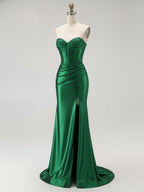 Mermaid Corset Ruched Long Prom Dress with Slit