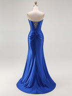 Mermaid Corset Ruched Long Prom Dress with Slit