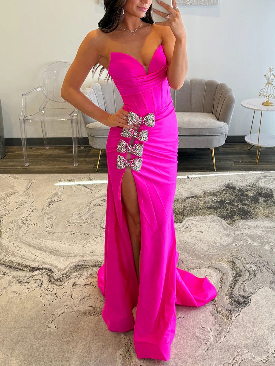 Vestido Longo de Festa Sereia com Cristais e Laços no Corpete, Fenda