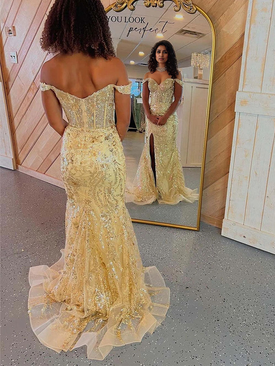 Abito da ballo lungo sirena senza spalline con paillettes e pizzo con spacco