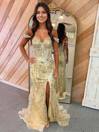 Abito da ballo lungo sirena senza spalline con paillettes e pizzo con spacco
