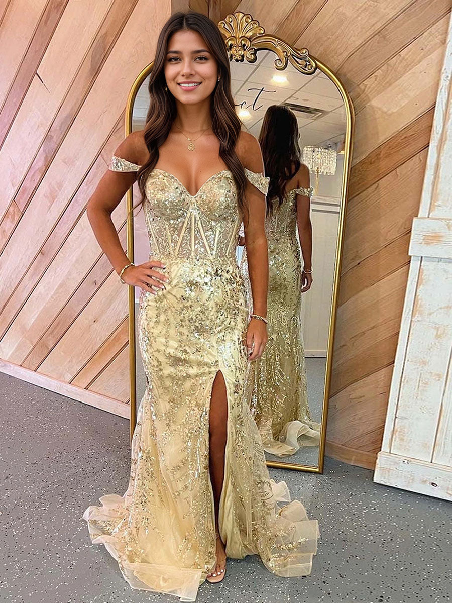 Abito da ballo lungo sirena senza spalline con paillettes e pizzo con spacco
