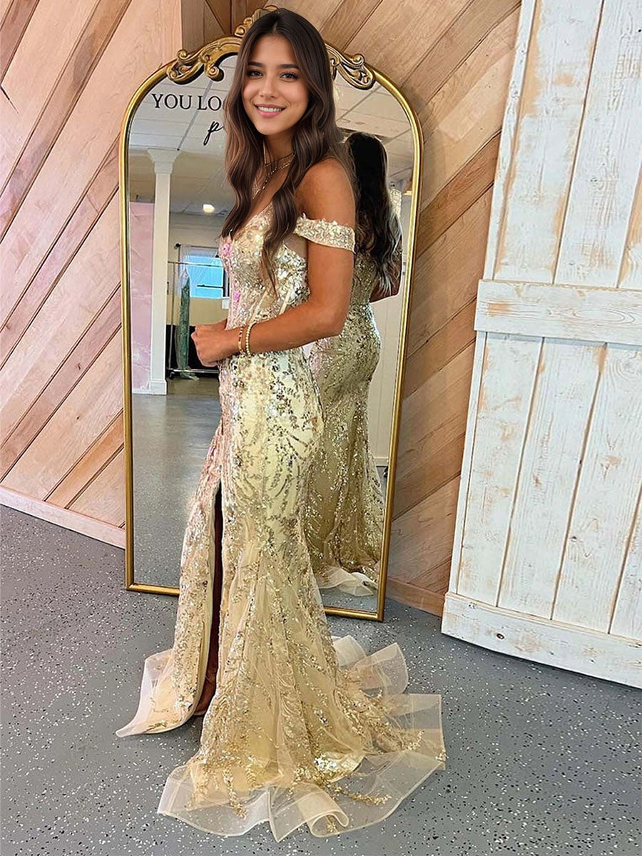 Abito da ballo lungo sirena senza spalline con paillettes e pizzo con spacco