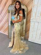 Abito da ballo lungo sirena senza spalline con paillettes e pizzo con spacco