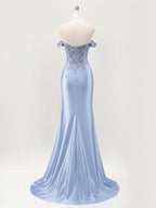 Mermaid Off The Shoulder Sequins Beaded Prom Dress with Slit