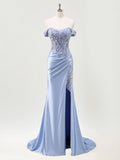 Mermaid Off The Shoulder Sequins Beaded Prom Dress with Slit