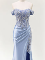 Mermaid Off The Shoulder Sequins Beaded Prom Dress with Slit