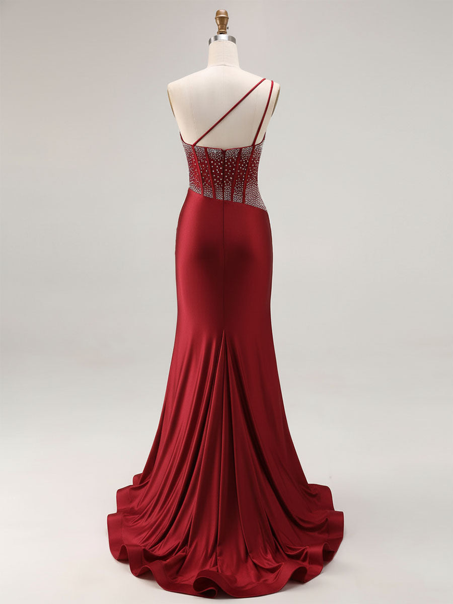 Mermaid One Shoulder Corset Long Prom Dress With Beading