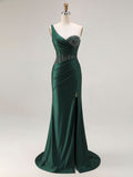 Mermaid One Shoulder Corset Long Prom Dress With Beading