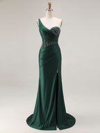Mermaid One Shoulder Corset Long Prom Dress With Beading