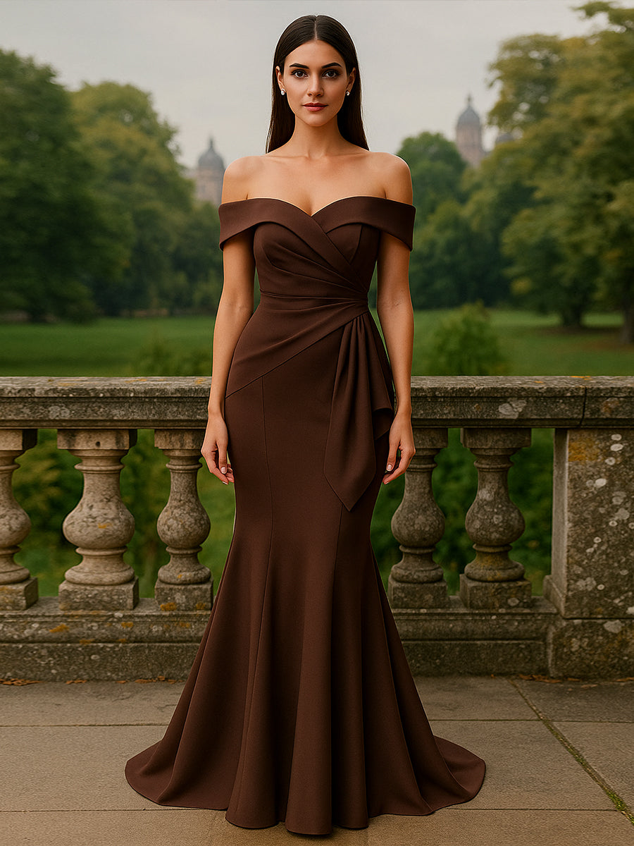 Vestido longo de mãe da noiva em cetim estilo sereia com babados