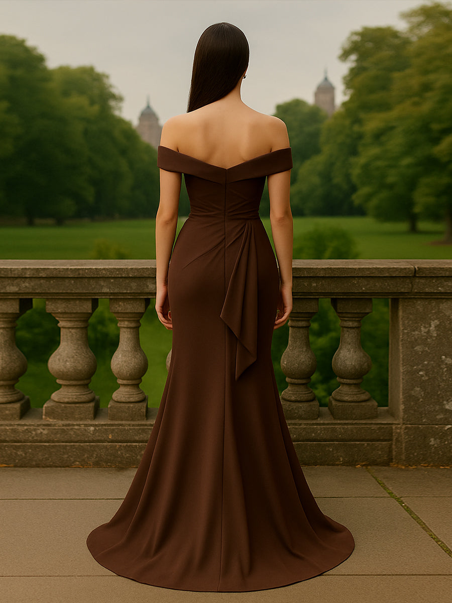 Vestido longo de mãe da noiva em cetim estilo sereia com babados