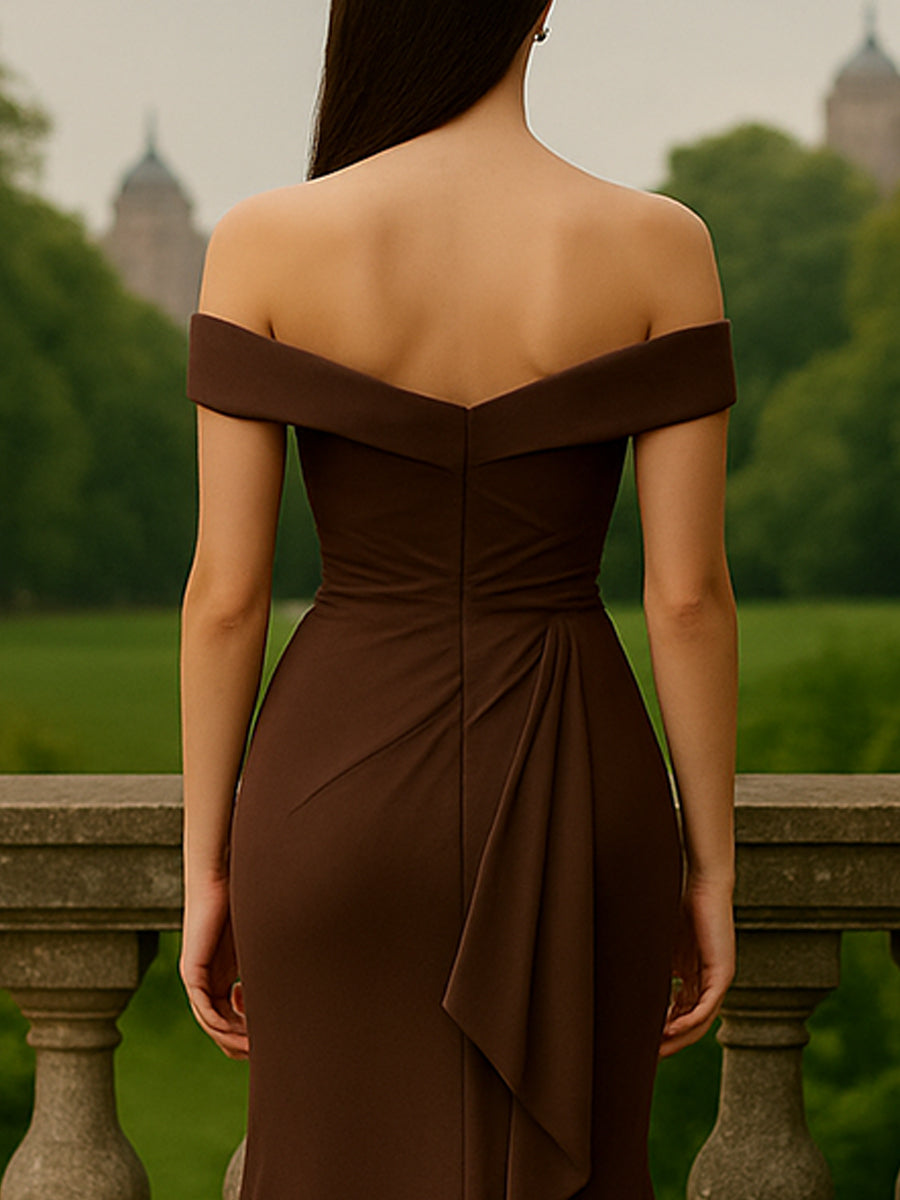 Vestido longo de mãe da noiva em cetim estilo sereia com babados