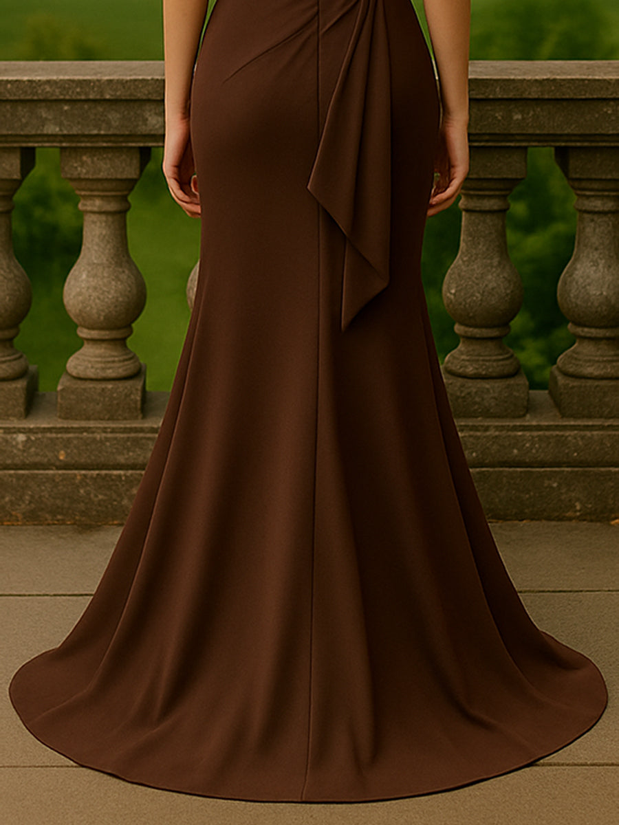 Vestido longo de mãe da noiva em cetim estilo sereia com babados