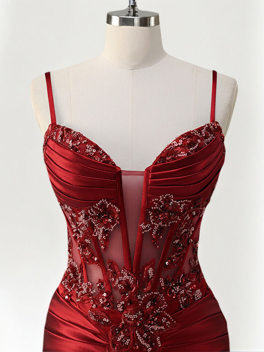 Robe de bal sirène longue en satin avec bretelles spaghetti, corset et appliqués