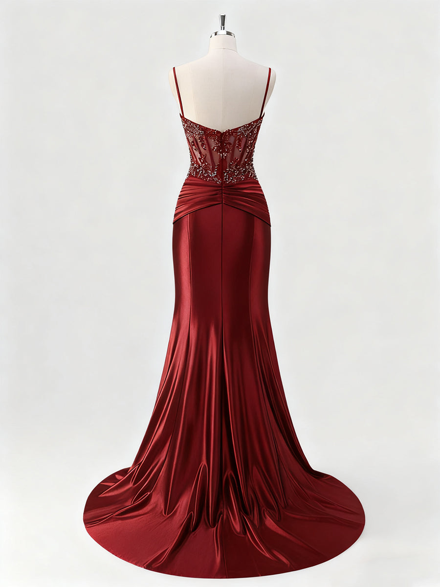 Robe de bal sirène longue en satin avec bretelles spaghetti, corset et appliqués
