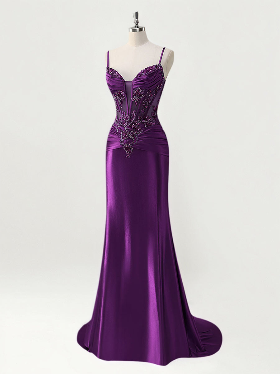 Robe de bal sirène longue en satin avec bretelles spaghetti, corset et appliqués